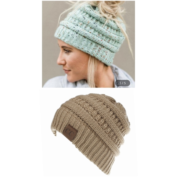 Messy Bun Beanie Hat With Bun/Ponytail Hole At Top OSFA TAN BEIGE - Picture 2 of 4